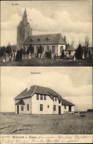 Ak Wilstedt in Niedersachsen, Kirche, Bahnhof