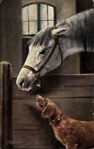 Artist PC Müller, August, horse with bridle and dog in the stable