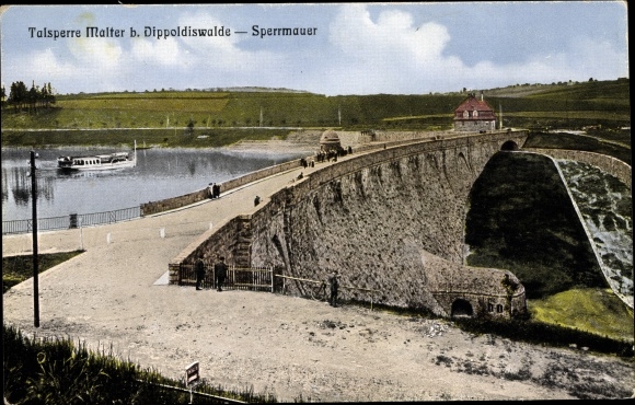Postcard Malter Dippoldiswalde in the Eastern Ore Mountains, view of the dam, barrier wall