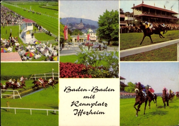 Postcard Iffezheim am Rhein, racecourse, horse racing, panorama