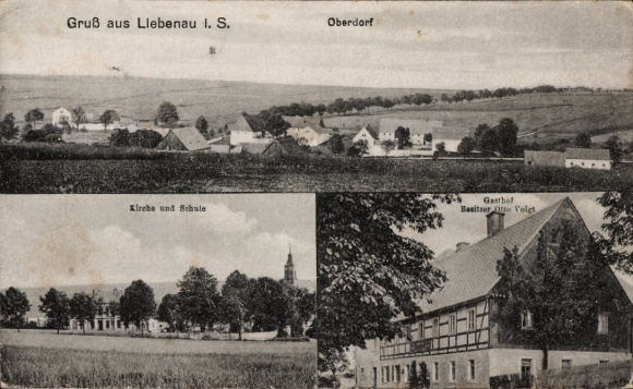 Postcard Liebenau Geising Altenberg Erzgebirge, Oberdorf, Inn of Otto Voigt, Church, School