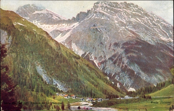 Postcard Preda Canton of Graubünden, mountain landscape, Preda, Grisons, Chemin de fer rhétique, small settlement
