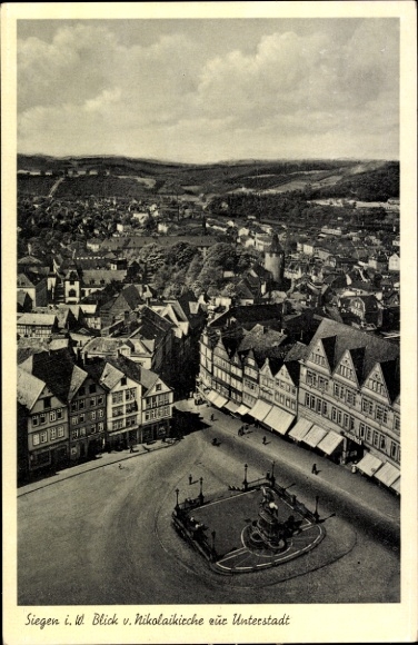Postcard Siegen in Westphalia, view from the Nikolaikirche, lower town, houses, fountain