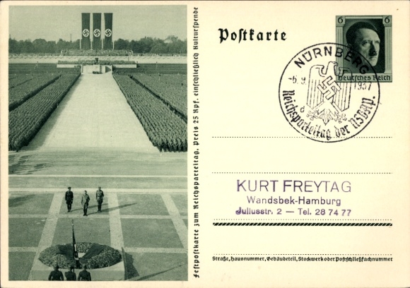 Postal stationery Postcard Nuremberg, Reich Party Rally, Hitler, Himmler, Lutze