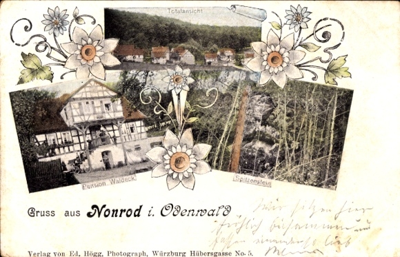 Postcard Nonrod Fischbachtal in the Odenwald Hesse, general view, Pension Waldeck, Spitzestein