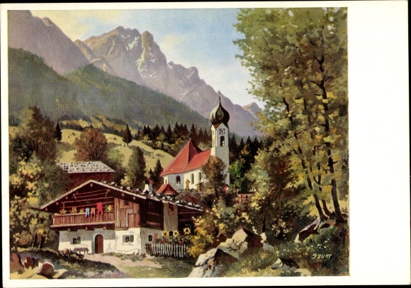 Künstler Ak Saum, Hans, Bauernhaus in Grainau, Kirche