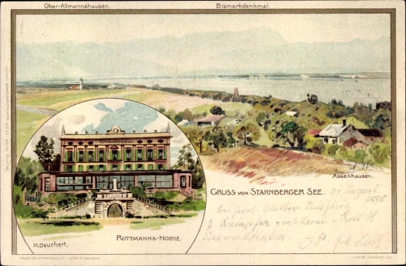Artist Chromo-Litho Deuchert, H., Assenhausen Mountain Starnberger See, Bismarck Monument, Rottmannshöhe