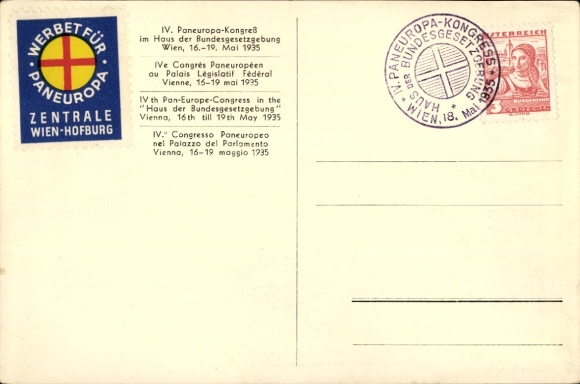 PC Vienna, House of Federal Legislation, stamp IV. Pan-European Congress 1935