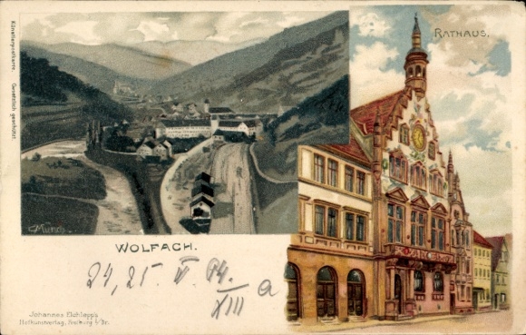 Artist Chromo-Litho Wolfach in the Black Forest, Panorama, Town Hall