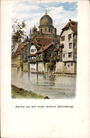 Judaika Chromo-Litho Nuremberg in Middle Franconia, Schütt Island, synagogue