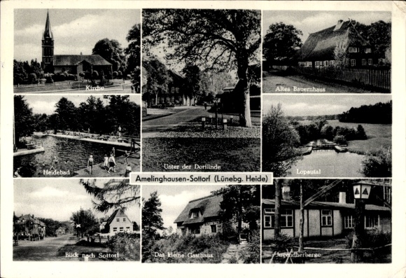 Ak Amelinghausen Sottorf Lüneburg in Nedersaksen, Heidebad, kerk, jeugdherberg