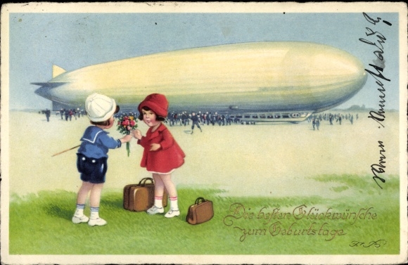 Artist Chromo-Litho Happy Birthday, Zeppelin, Kitsch, Meissner &amp; Book 3298