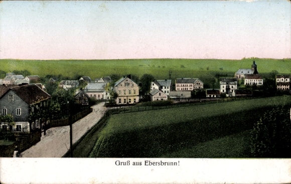 Illuminated window Postcard Ebersbrunn Saxony, partial view with church