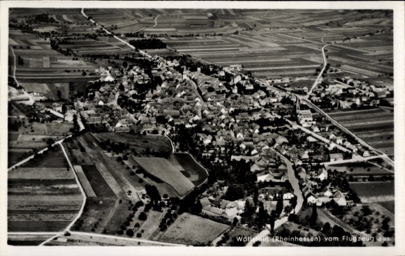 Postcard Wörrstadt in Rheinhessen, aerial photograph of Wörrstadt, landscape and buildings, black and white photo