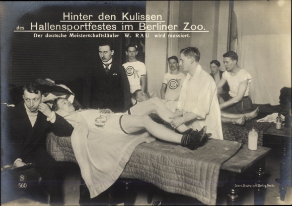 PC Berlin Tiergarten, indoor sports festival in the Berlin Zoo, championship runner W. Rau is massaged