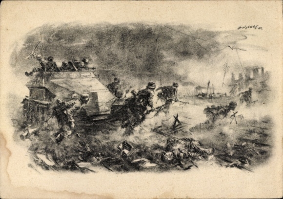 Artist Postcard German Wehrmacht, Panzergrenadiers, Tank, Attack