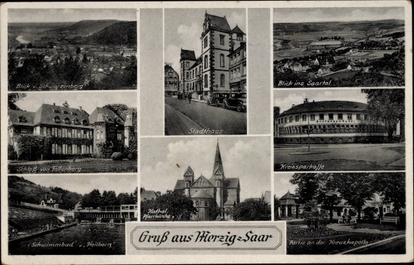 Ak Merzig an der Saar, Stadthaus, Kreissparkasse, Schloss von Fellenberg, Schwimmbad Heilborn