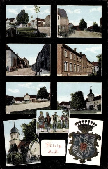 Coat of arms Postcard Pölzig in Thuringia, town views, church, market