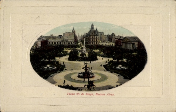 Postcard Buenos Aires Argentina, Plaza 25 de Mayo, fountain, park landscape, people, buildings
