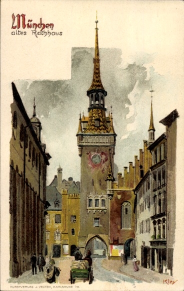 Artist Chromo-Litho Kley, Heinrich, Munich, Old Town Hall, exterior view, street section