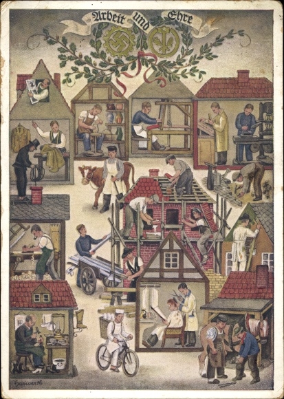 Artist PC Reichs Handwerkertag 1936, work and honor, hairdresser, baker, potter, chimney sweep
