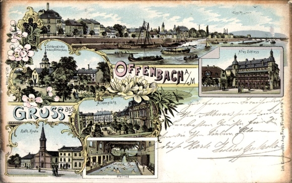 Chromo-Litho Offenbach, Castle Church, Evangelical Clubhouse, Alicenplatz, Catholic Church, City Baths, Castle