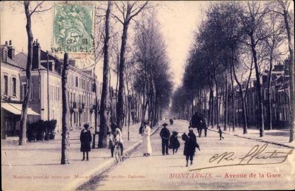 PC Montargis Loiret, Avenue de la Gare, trees, people, street, postmark, artistic representation