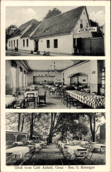 Ak Geuz Köthen in Anhalt, Café Anhalt, Außenterrasse, Innenraum