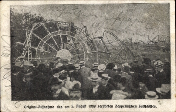 Postcard Destroyed Zeppelin airship, August 5, 1908