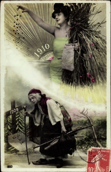 Postcard New Year 1910, Women as Old and New Year, Sheaf of Straw