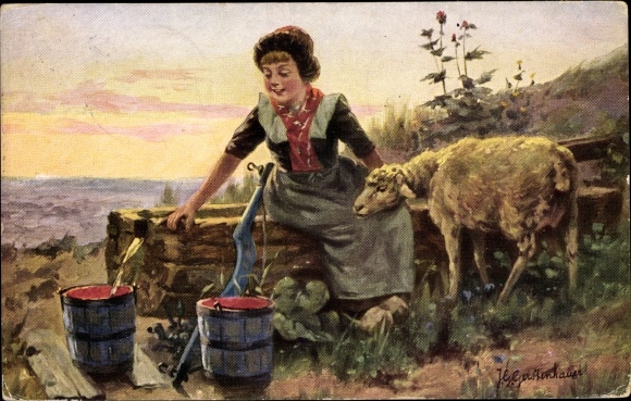 Artist PC Gerstenhauer, JG, girl in Dutch costume, lamb, water scoop