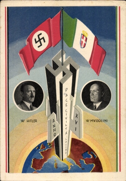 Ak Adolf Hitler, Benito Mussolini, Achse Berlin Rom, Weltkugel, Fahnen, Staatstreffen 1938