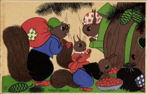 Artist Postcard Schermelé, Willy, squirrel humanized, nuts