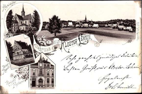 Chromo-Litho monastery Lehnin in Brandenburg, monastery church, imperial chapel, post office