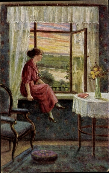 Artist PC Frank, E., evening twilight, woman sitting on the windowsill