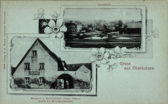 Moonlight Postcard Oberkotzau in Upper Franconia Bavaria, Schwessnitz, butcher shop and beer restaurant J. Püttner