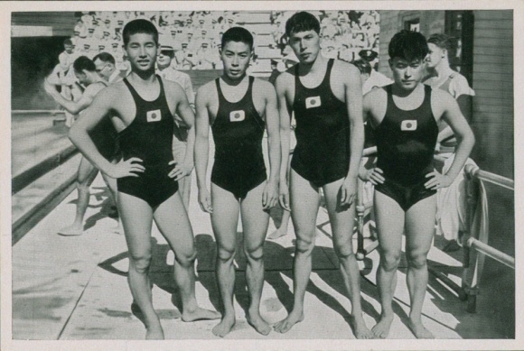 Trading card Olympics 1936, Japanese swimming relay, Miyazaki, Yusa, Toyoda, Yokojama