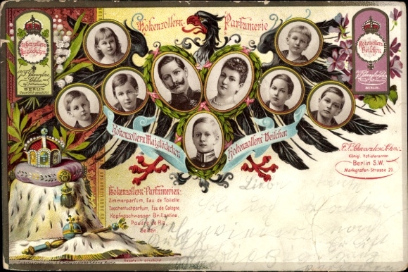 Chromo-Litho Imperial House under Wilhelm II, Hohenzollern Parfumerie, Berlin Markgrafenstraße 29