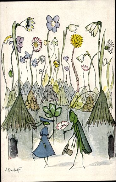 Artist PC Kreidolf, Ernst, grasshopper couple, well-wisher, art supervisor picture card No. 205
