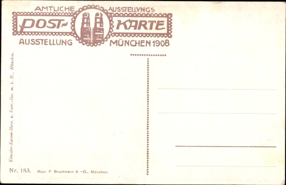 Kunstenaarsbriefkaart Bergen, Claus, München Beieren, Beierse handelsbeurs 1908