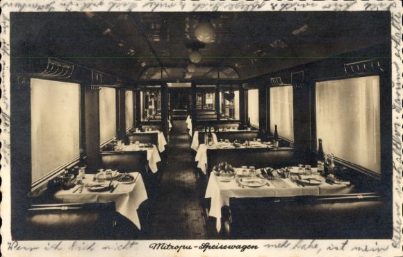 Postcard German railway, steam locomotive, Mitropa, dining car, tables, benches