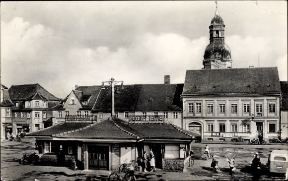 Postcard Ruhland in der Oberlausitz, marketplace, bell tower, tower clock