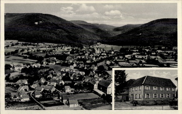 Ak Oberweier (bei Lahr) Friesenheim im Schwarzwald Baden, Fliegeraufnahme, Gasth. z. Schlüssel