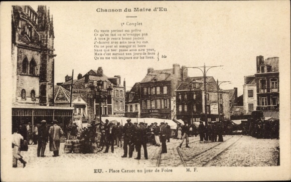 Postcard Eu Seine Maritime, Place Carnot on a trade fair day