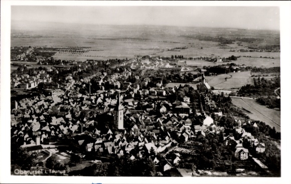 Postcard Oberursel in the Taunus Hesse, aerial photograph, city view of Oberursel, many houses, church, landscape