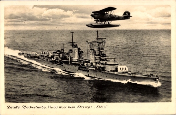 Picture Heinkel Borderkunder HE60 over the cruiser Köln, German Wehrmacht, Kriegsmarine