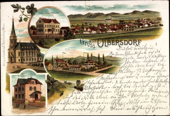 Chromo-Litho Olbersdorf in Saxony, church, long shot, school, Kaltenstein