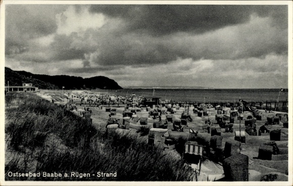 Postcard Ostseebad Baabe on Rügen, beach, Ostseebad Baabe, many beach chairs, clouds in the sky