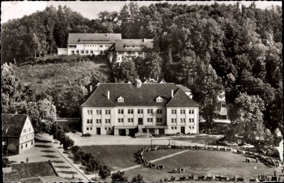 Postcard Bad Waldsee in Upper Swabia Württemberg, town hall, Swabian farmers' school, trees, people, Pa