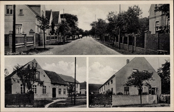 Postcard Zinsdorf Uebigau Wahrenbrück, Inn W. Platz, Dorfstrasse, Kaufmann Selig